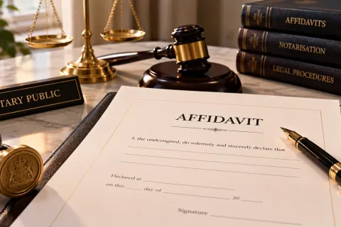 Affidavit form with a fountain pen and law books on a desk