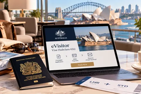 British passport beside a laptop showing an Australian eVisitor application, with Sydney Harbour behind