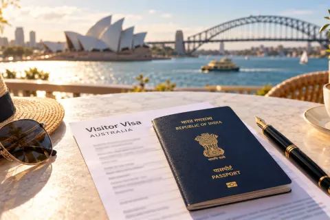 Indian passport and an Australian Visitor visa application form on a table overlooking Sydney Harbour