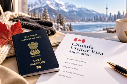 Indian passport and a Canada visitor visa application on a desk, with snowy mountains outside