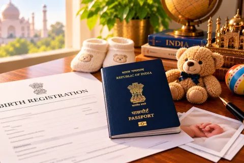 Indian passport and a birth registration form beside baby shoes