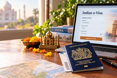 British passport beside a laptop showing an Indian e-Visa application