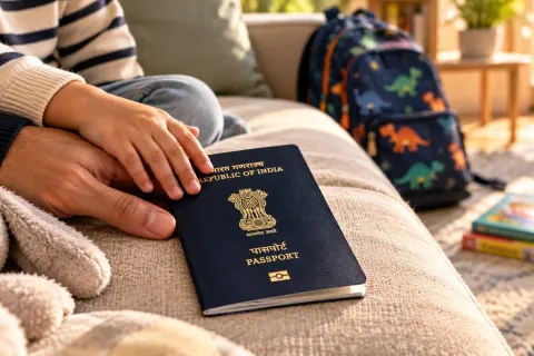A parent's and a child's hands resting on an Indian passport on a sofa