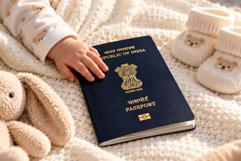 Baby's hand on a new Indian passport on a soft knitted blanket
