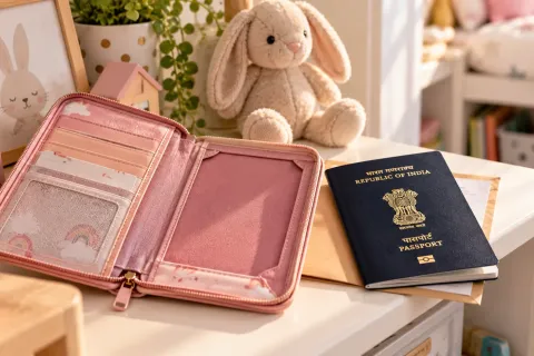 Empty pink children's travel wallet beside a replacement Indian passport