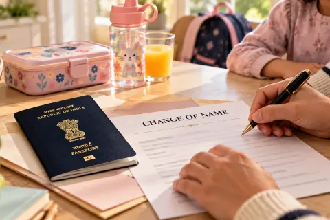 Parent filling in a change of name form beside a child's Indian passport
