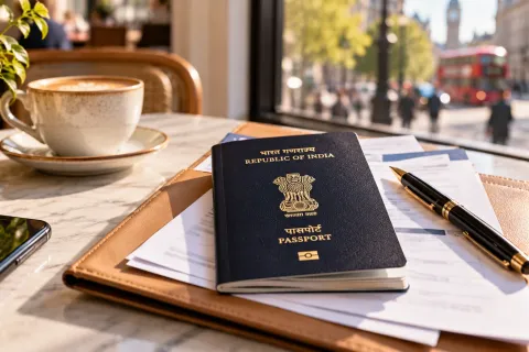 New Indian passport on a folder of documents at a London café window