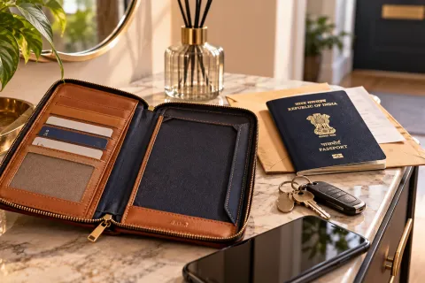 Empty travel document holder beside a replacement Indian passport on a hallway table