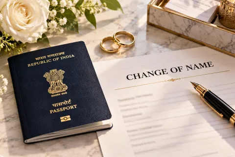 Indian passport, wedding rings and a change of name form on marble
