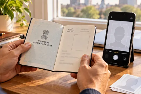 Hands holding an open Indian passport beside a phone showing a passport photo screen