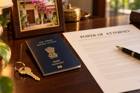 Power of attorney document with an Indian passport, a house key and a framed photo of a family home in India