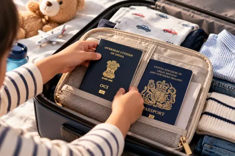 Child packing an OCI booklet and a British passport into a travel pouch