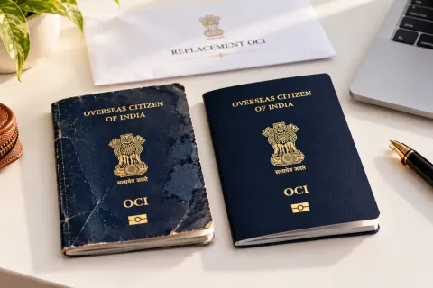 Worn OCI booklet beside a new replacement OCI booklet