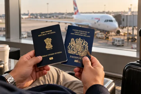 Hands holding an OCI booklet and a British passport at an airport window