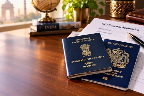 OCI booklet and British passport on an OCI renewal application form