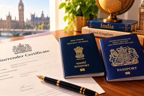 Indian and British passports beside a surrender certificate form