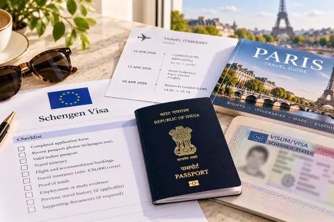 Indian passport and a Schengen visa checklist with a Paris guidebook