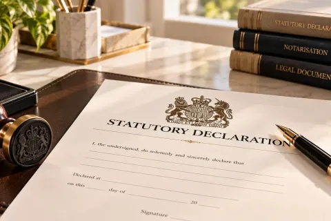 Statutory declaration form with a fountain pen and an official stamp