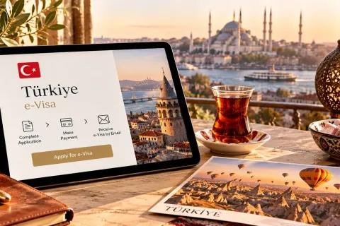 Tablet showing a Türkiye e-Visa application, with Turkish tea and the Galata Tower behind