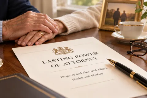 Older couple's hands beside a lasting power of attorney form