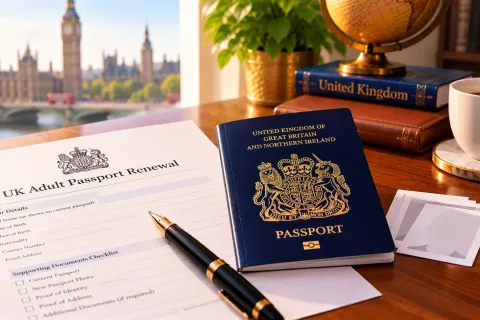 British passport on a UK adult passport renewal form, with Big Ben behind