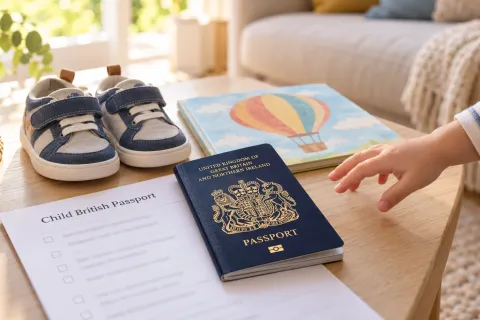 British passport on a child passport checklist beside a child's trainers, a picture book and a small reaching hand
