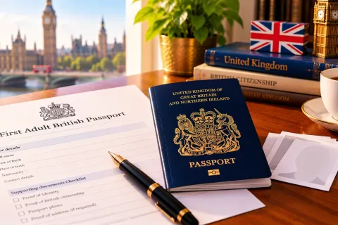 British passport on a first adult passport form, with Big Ben behind