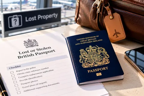 British passport and a lost or stolen passport form beside a lost property sign