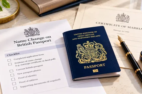 British passport, a name change checklist and a marriage certificate
