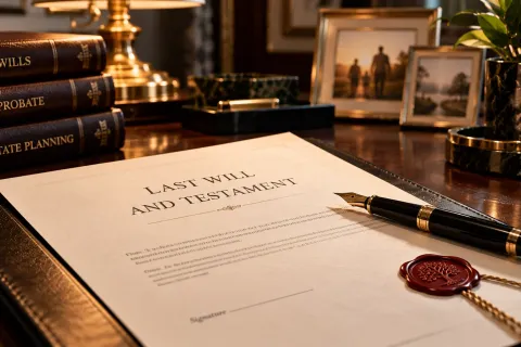 Last will and testament with a fountain pen and wax seal on a desk