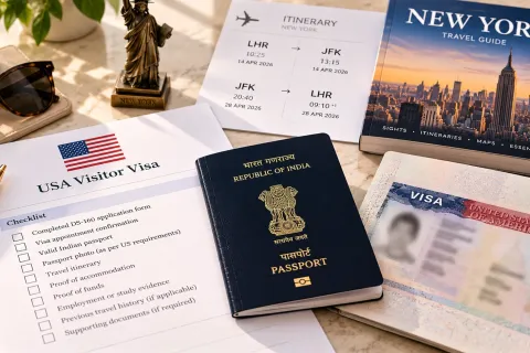 Indian passport and a USA visitor visa checklist with a New York guidebook and flight tickets
