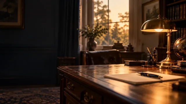 Quiet study with an oak desk, brass lamp and fountain pen in late afternoon light