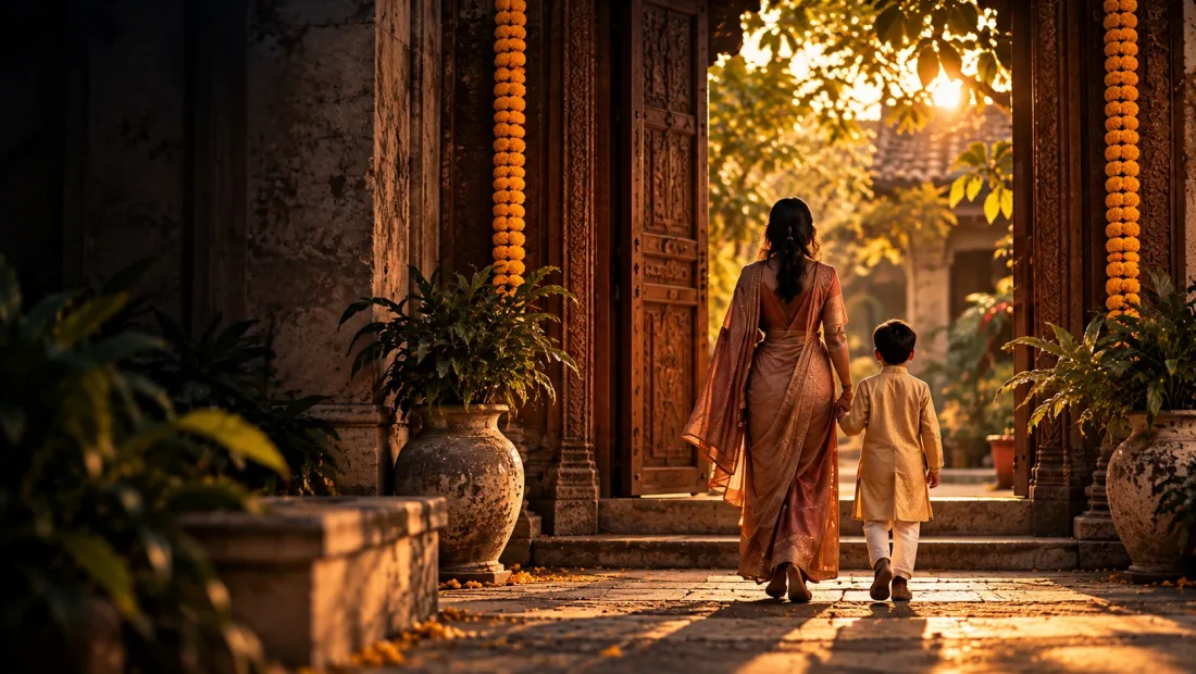 Mother and son in Indian dress walking through a carved wooden doorway hung with marigolds