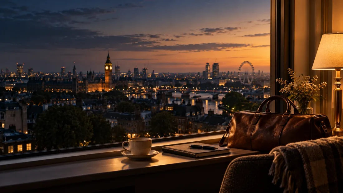 Window seat at dusk overlooking London and the Thames, with a leather travel bag and notebook in lamplight