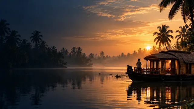 Houseboat on the Kerala backwaters at dawn, with palm trees and mist