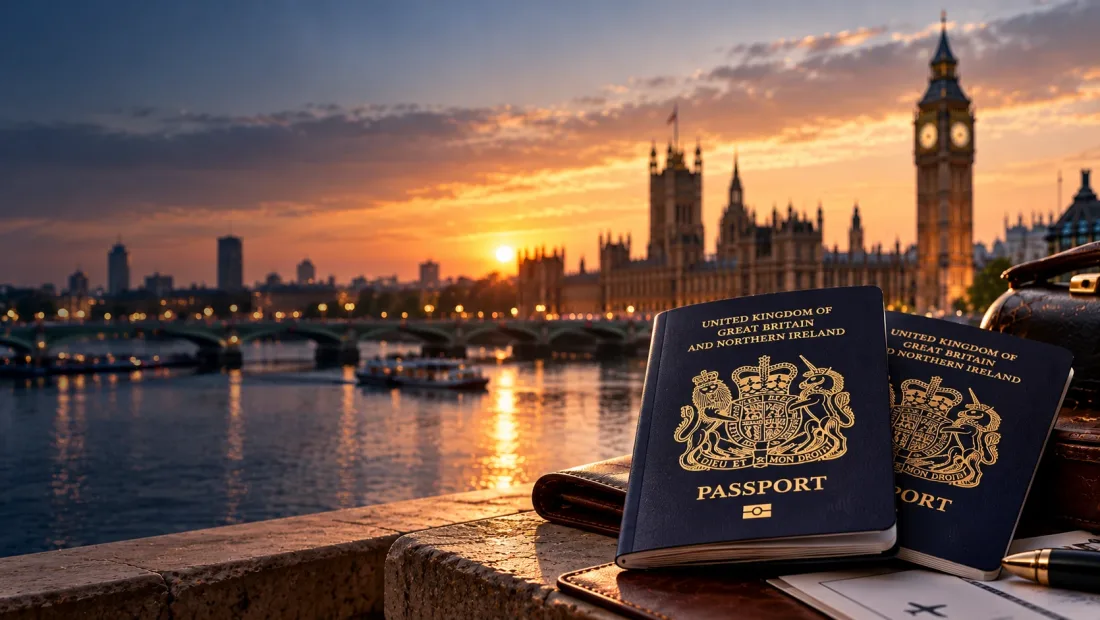 Two British passports on the Thames embankment at sunset, with the Houses of Parliament behind