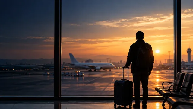 Traveller with a suitcase watching an aircraft at sunrise through an airport window